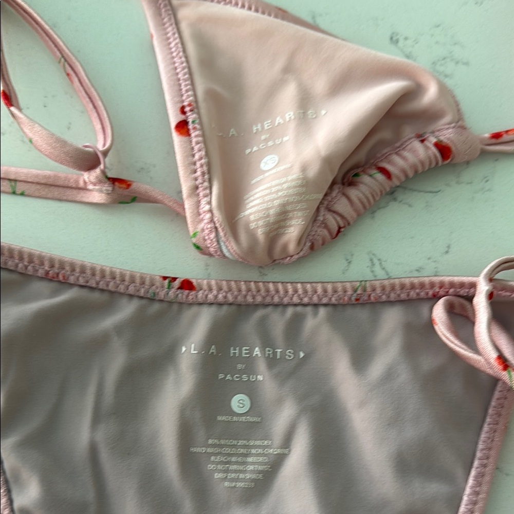 La Hearts Pink Cherry 2pc Bikini triangle  top and tie bottoms XS S CHERRIES 🍒 - Picture 2 of 5